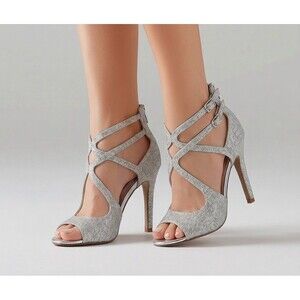 Fioni Night Sandals Womens 6.5 Strappy Silver Faux Leather Casual Glitter Heels